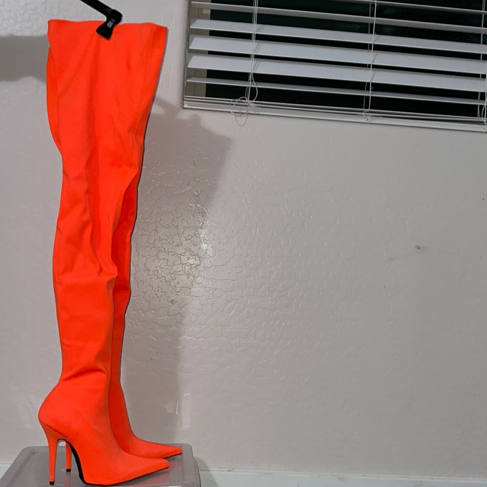Neon orange Jeffrey Campbell thigh high  stiletto boots. Size 9. Brand new
